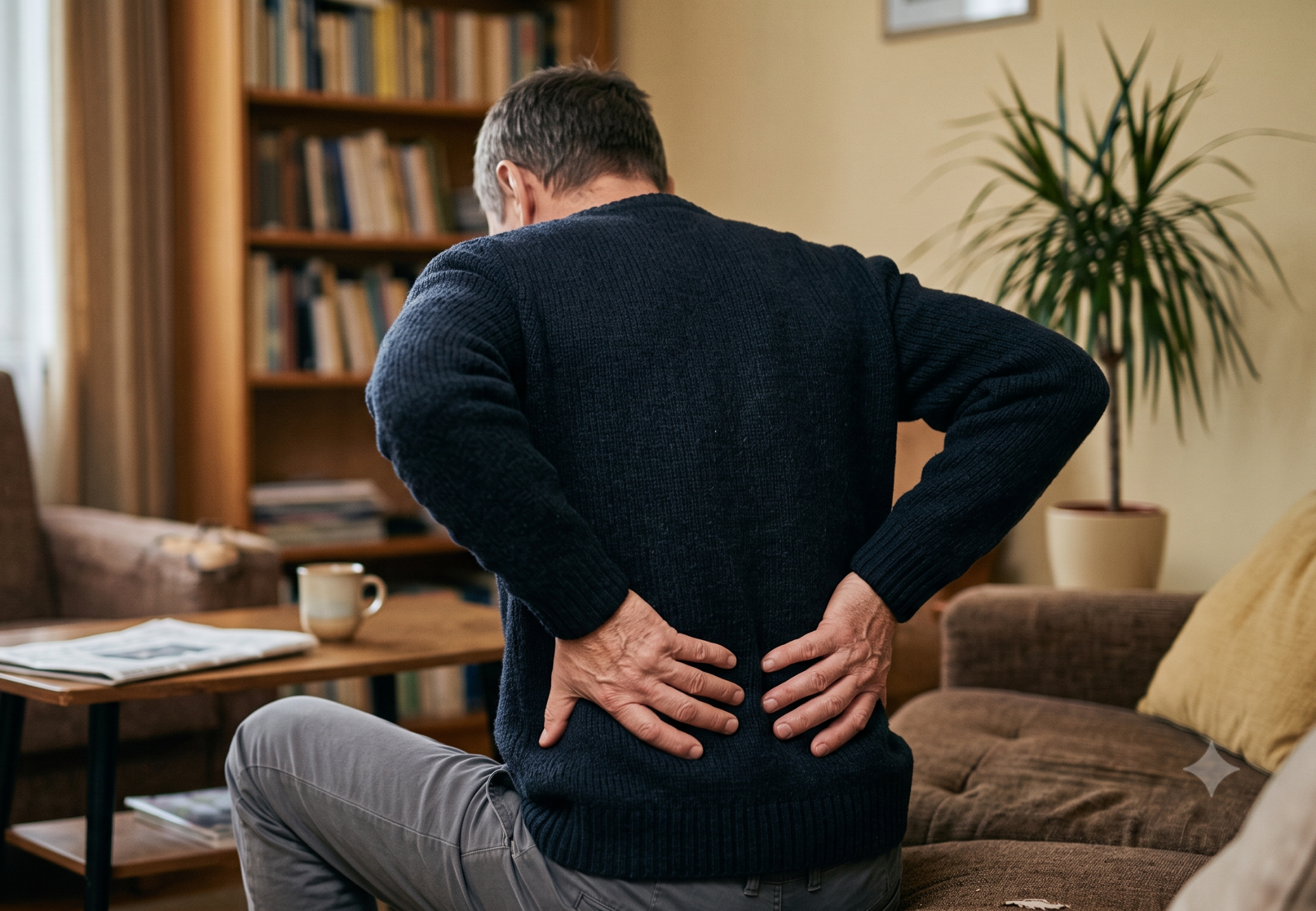 The picture shows a person suffering from back pain